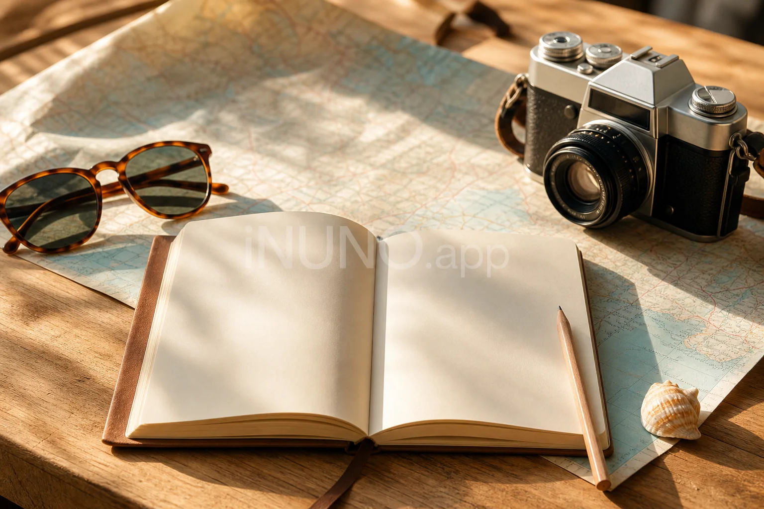 Travel notebook and camera on a table