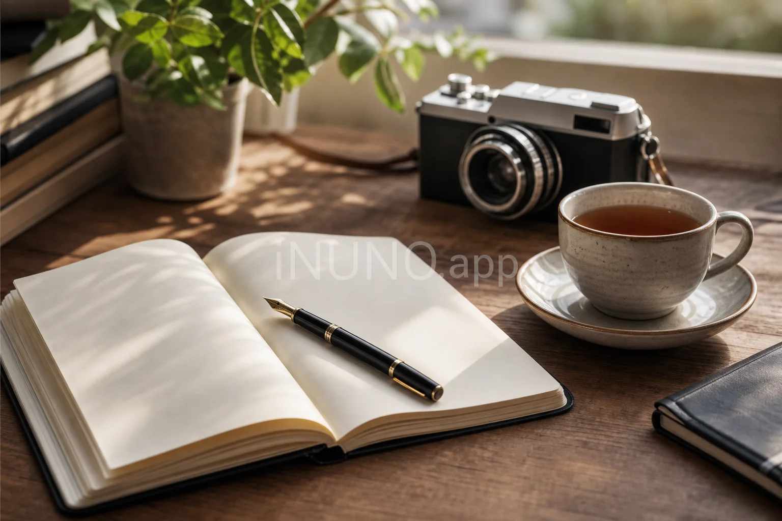 Writing desk with notebook and warm editorial workspace