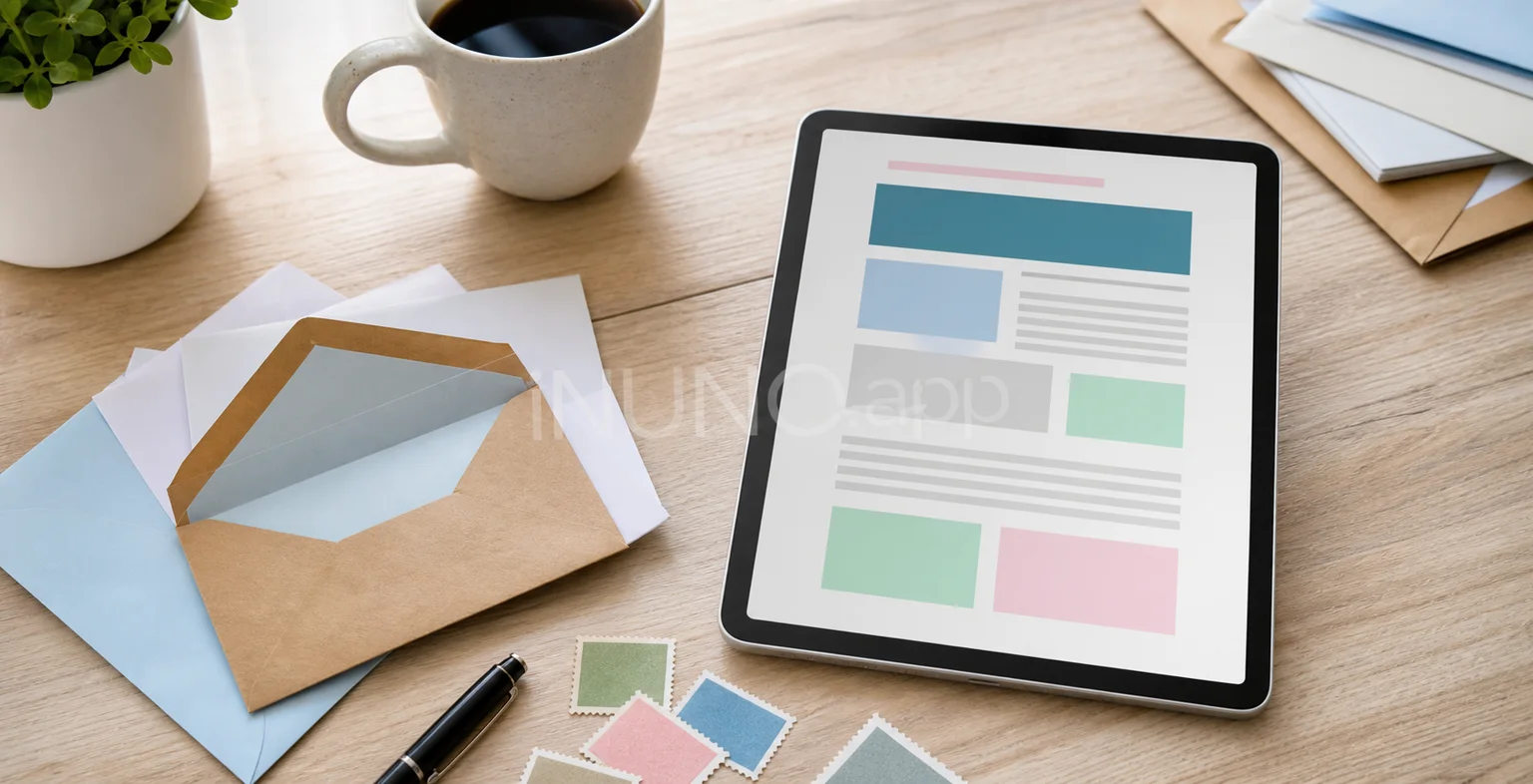 Desk with a newsletter planning setup